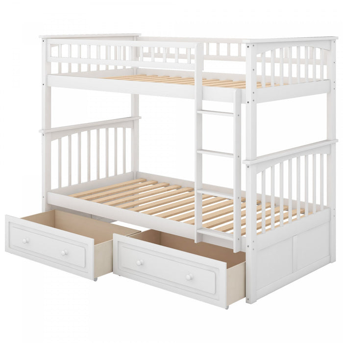 Elvis Solid Wood Convertible Bunk Bed With Drawers, Twin Size - White 