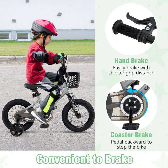 Costway 12" Kid's Bike With Training Wheels Adjustable Handlebar & Seat Handbrake Silver