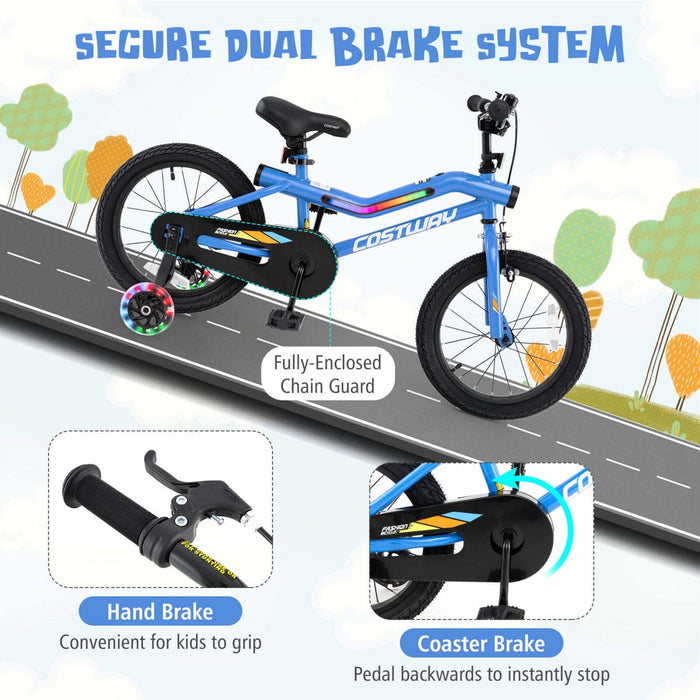 Costway 16" Led Lighted Kids Bike With Adjustable Seat Coaster Brake Training Wheels Blue
