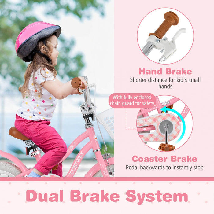 Costway 14" Kid's Bike With Removable Training Wheels & Basket For 3-5 Years Old Pink