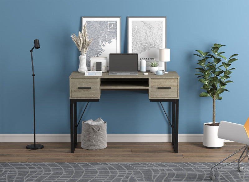 43” Computer Desk With 2 Drawers 1 Shelf - Dark Taupe With Black Metal Base 
