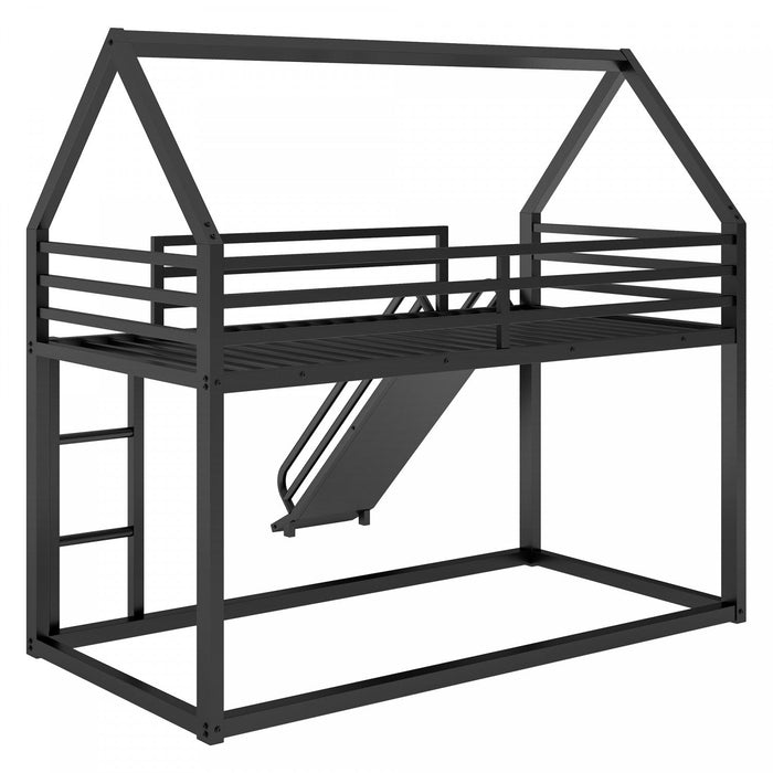 Liam House Metal Bunk Bed with Ladder and Slide, Twin Over Twin Size, Black  