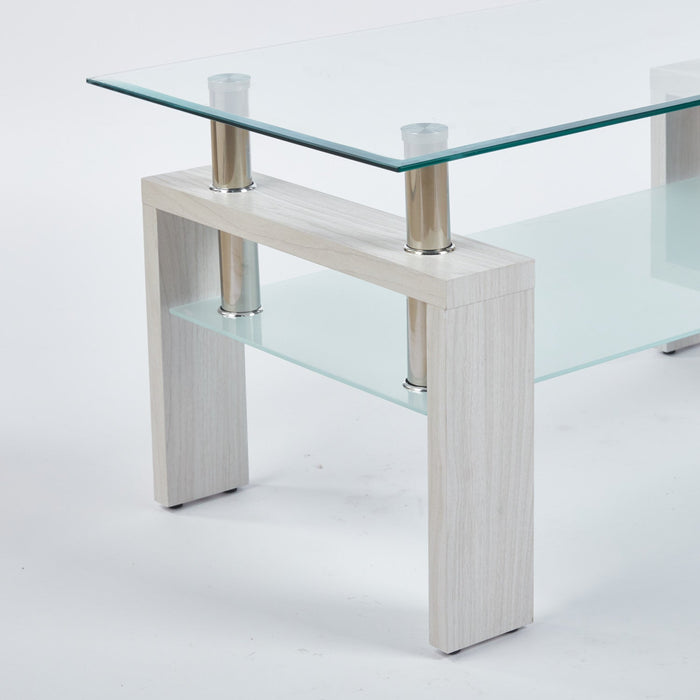 Lucius Modern Geometric Design Tempered Glass Coffee Tablewith Metal Frame and Clear Glass,White  