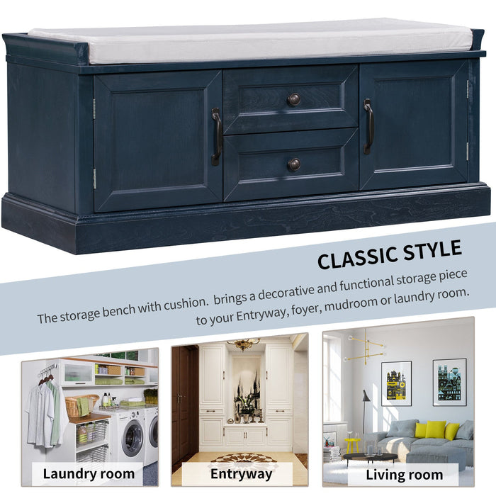 Boyce Solid Wood Storage Bench With 4-door Shoe Cabinet With Cushion - Antique Navy 