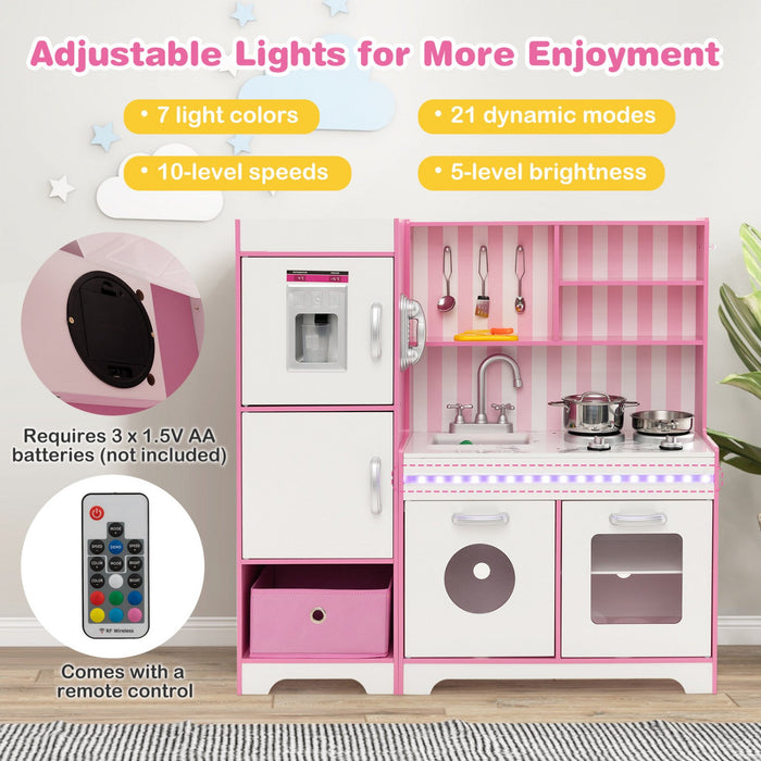 Costway Kids Kitchen Playset Wooden Toy With Adjustable Led Lights & Washing Machine