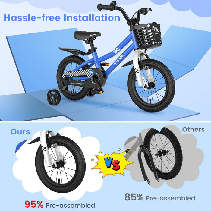 Costway 14" Kid's Bike W/ Removable Training Wheels & Basket For 3-5 Years Old Blue