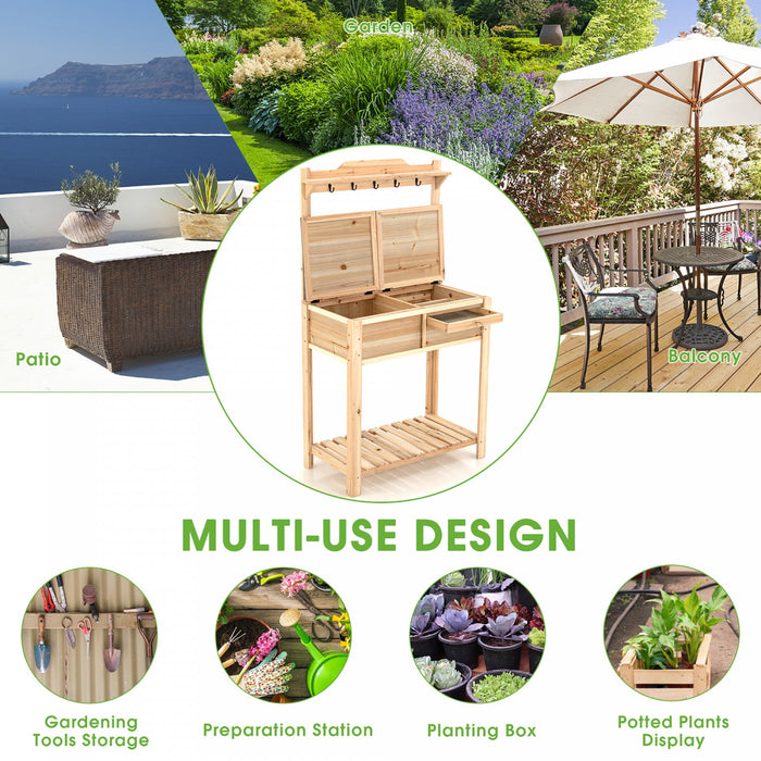 Costway Outdoor Garden Potting Bench Table Wooden Work Station W/metal Top Open Shelf