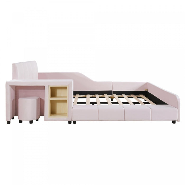 Lily Velvet Upholstered Grounded Bed with Desk and Stool,Queen Size,Pink Queen Bed  