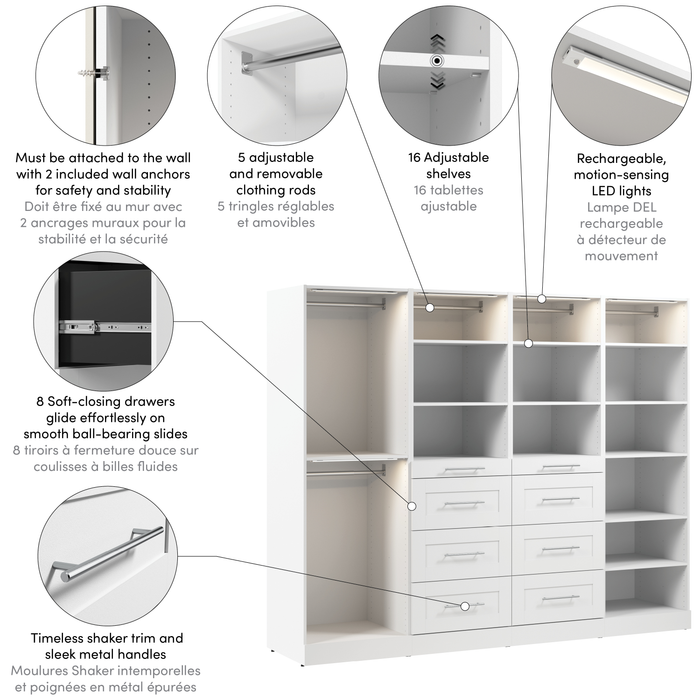 Bestar Florence 100\" Modular Reach-In/Walk-In Closet System with LED Lights, Rods, Shelves and Drawe