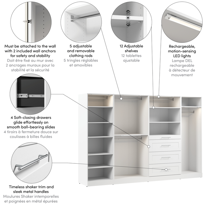 Bestar Florence 121\" Modular Walk-In Closet System with LED Lights, Rods, Shelves and Drawers Shaker