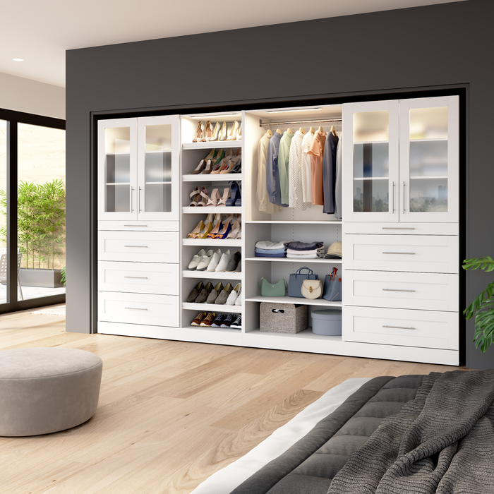 Bestar Florence 132\" Modular Walk-In Closet System with LED Lights, Drawers, Doors and Shoe Shelves 