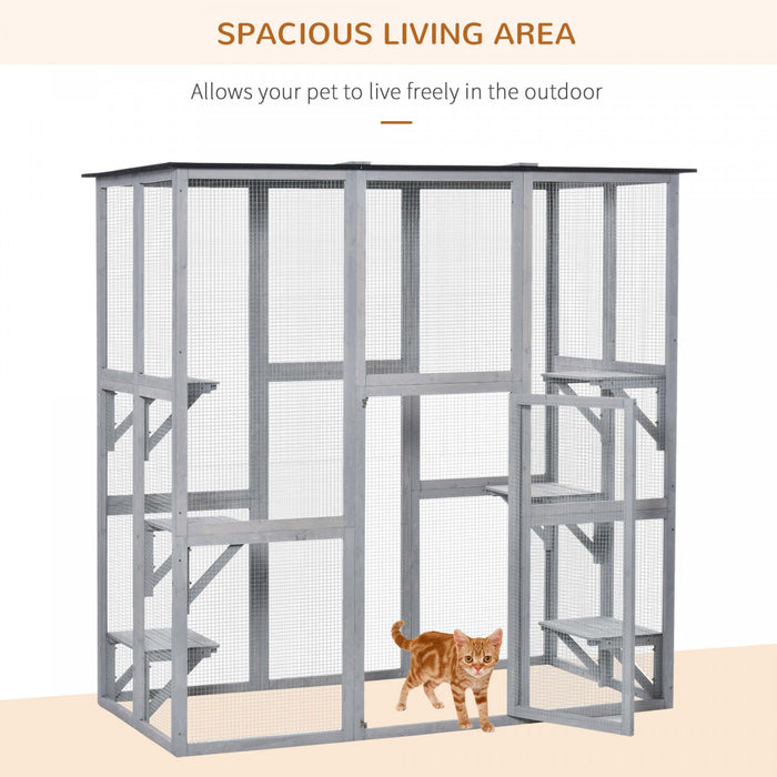 Pawhut Large Outdoor Catio Enclosure, Weatherproof Cat House With Asphalt Roof, Wooden Cat Patio Cag