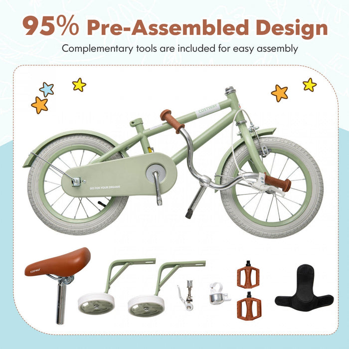 Costway 14" Kids Bike With Adjustable Saddle Handlebar Removable Training Wheels Handbrake Green