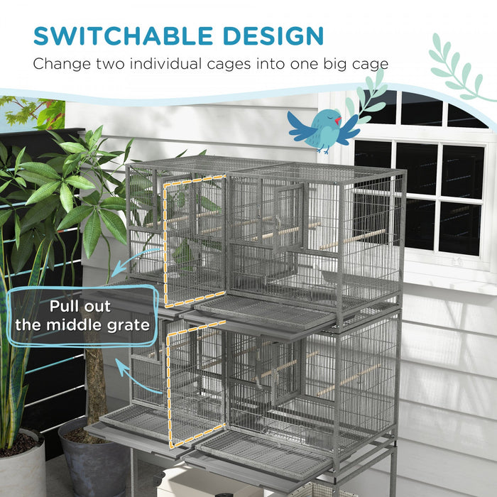 Pawhut 61 Inch Large Double Rolling Metal Bird Cage Bird House With Removable Metal Tray, Storage Sh