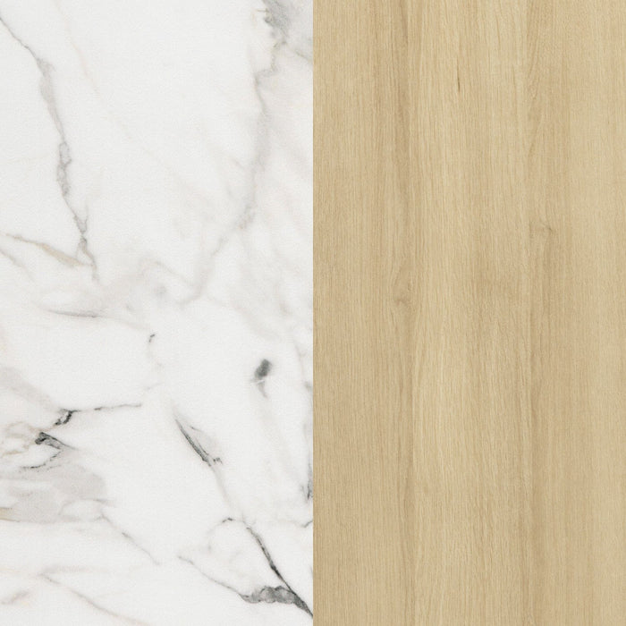 Myro Kitchen Island With Door And Drawers - Faux White Marble And Blonde Oak 