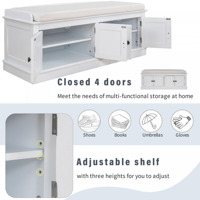 Daniel Solid Wood Storage Bench With 4-door Shoe Cabinet With Adjustable Shelves - White 