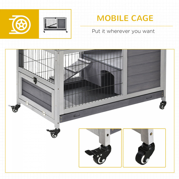 Pawhut Wooden Indoor Rabbit Hutch Elevated Bunny Cage Habitat With Enclosed Run With Wheels, Ideal F