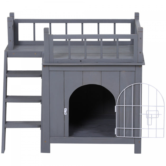 Pawhut 2-story Pet House For Cats Miniature Sized Dogs, Wooden Kitten Shelter With Enclosure, Balcon