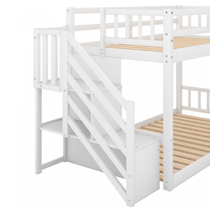 Joanna Twin Floor Solid Wood Bunk Bed With Storage Ladder, Low Height Design - White 