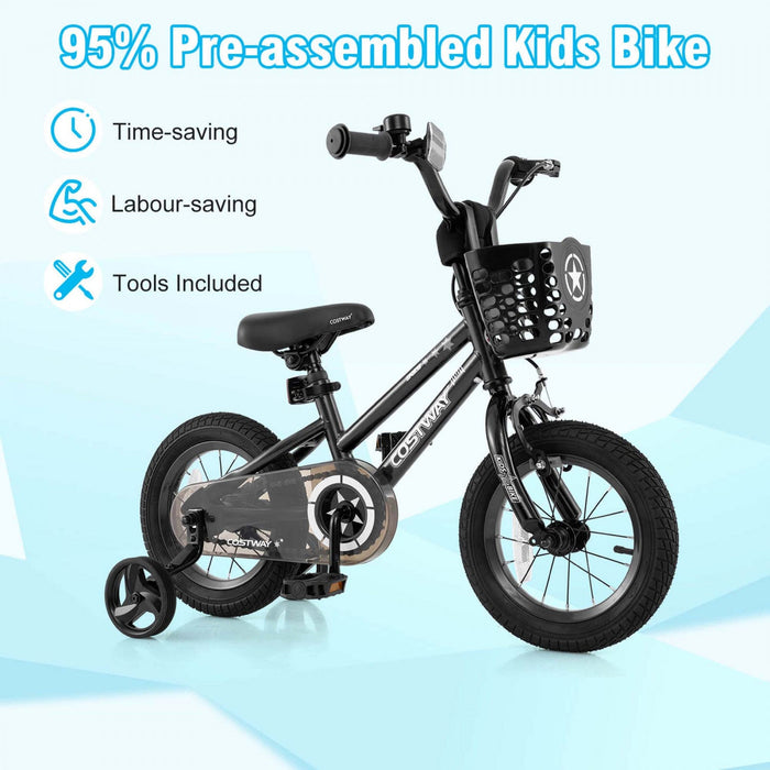 Costway 12" Kid's Bike With Training Wheels Adjustable Handlebar & Seat Handbrake Black