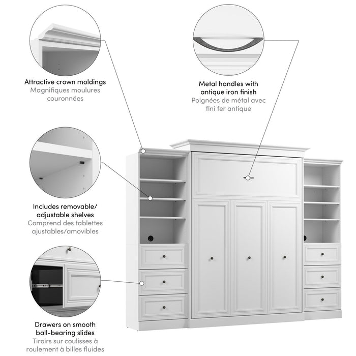 Bestar Versatile Queen Murphy Bed and Two Closet Organizers with Drawers (115 W) - White