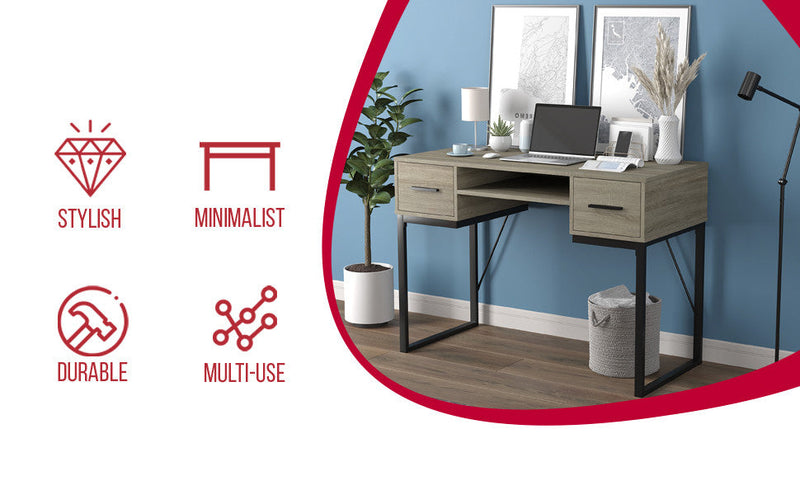 43” Computer Desk With 2 Drawers 1 Shelf - Dark Taupe With Black Metal Base 