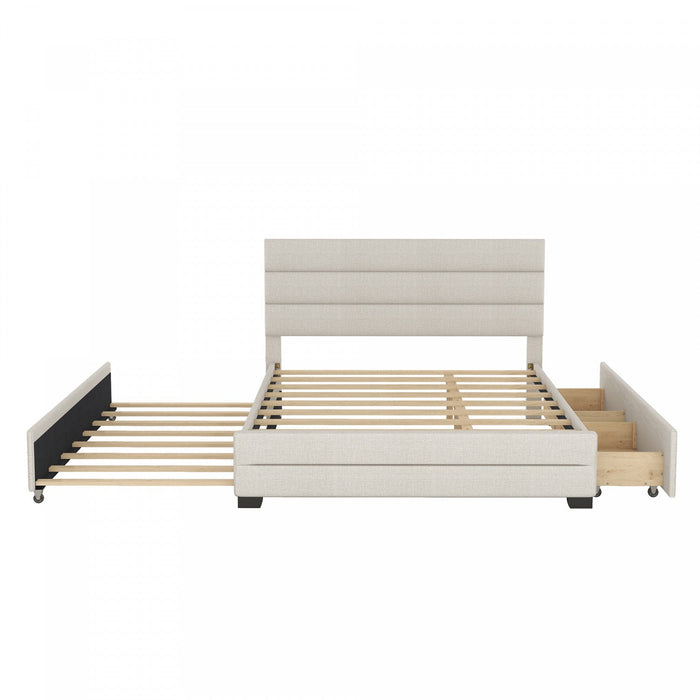 Sophie Linen-look Fabric Upholstered Platform Bed With Trundle And Storage Drawers, Queen Size - Beige 