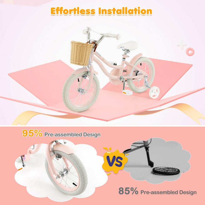 Prorider 14" Kid's Bike With Training Wheels Adjustable Handlebar Seat Handbrake Pink