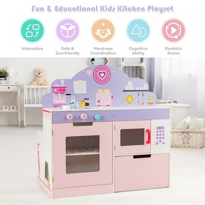 Costway 2 In 1 Kids Play Kitchen & Cafe Restaurant Wooden Pretend Cooking Playset Toy