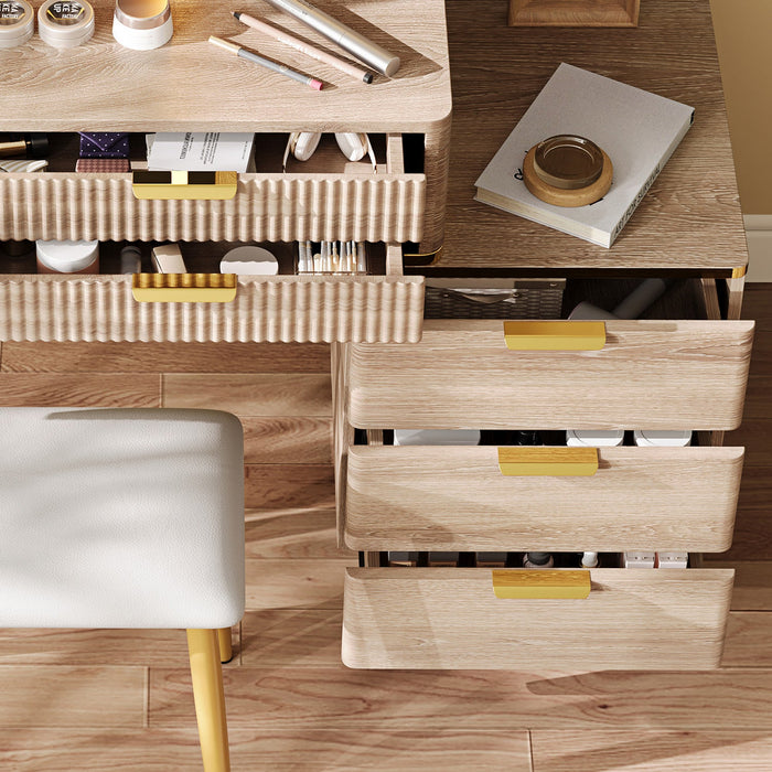 Victoria 7-Drawer Vanity Table Set with LED Mirror and Metal Legs,Yellow Brown Mirror Cabinet  