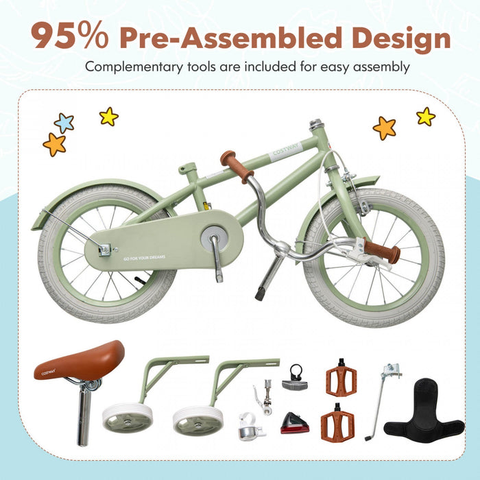Costway 18" Kids Bike With Adjustable Saddle Handlebar Removable Training Wheels Handbrake Green