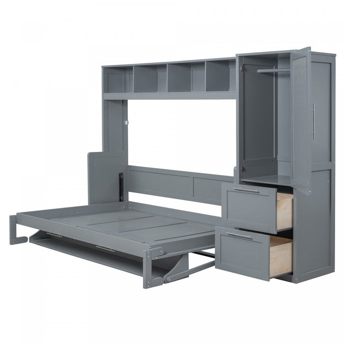 Dennis Engineered Wood Full Murphy Bed With Shelves And Drawers - Grey 