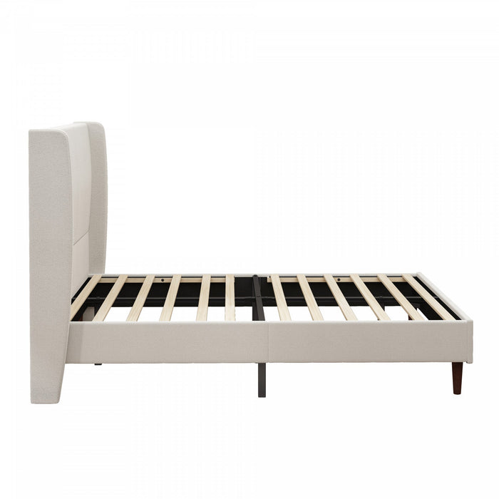 Harper Upholstered Queen Bed Frame with High Headboard, Chenille Fabric - Beige 