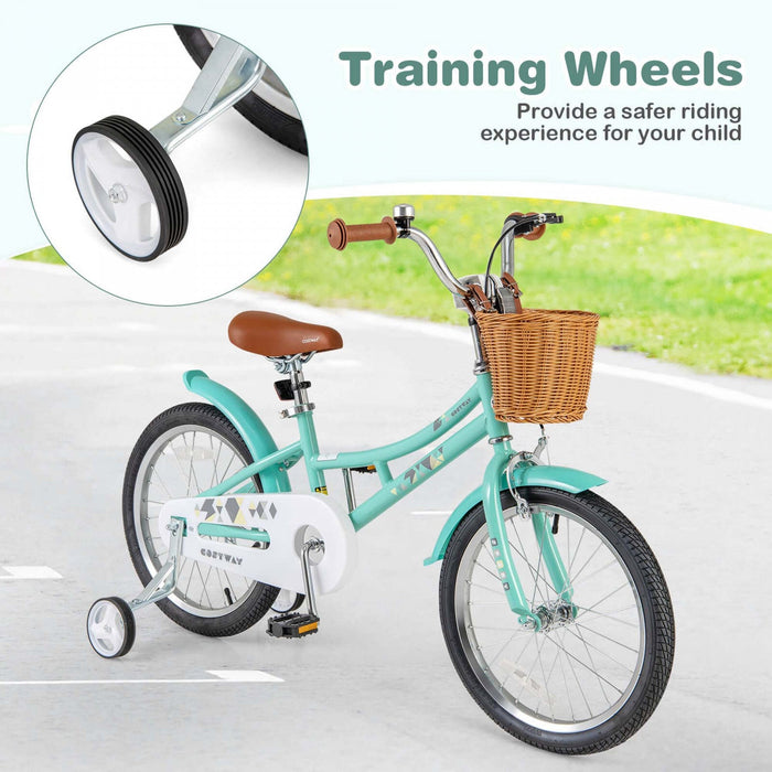 Costway 18" Kids Bike With Height Adjustable Handlebar Seat Basket Bell Training Wheels Green