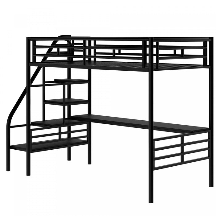 Cherry Twin Loft Space-saving Metal Bed With Desk, Led Light - Black 