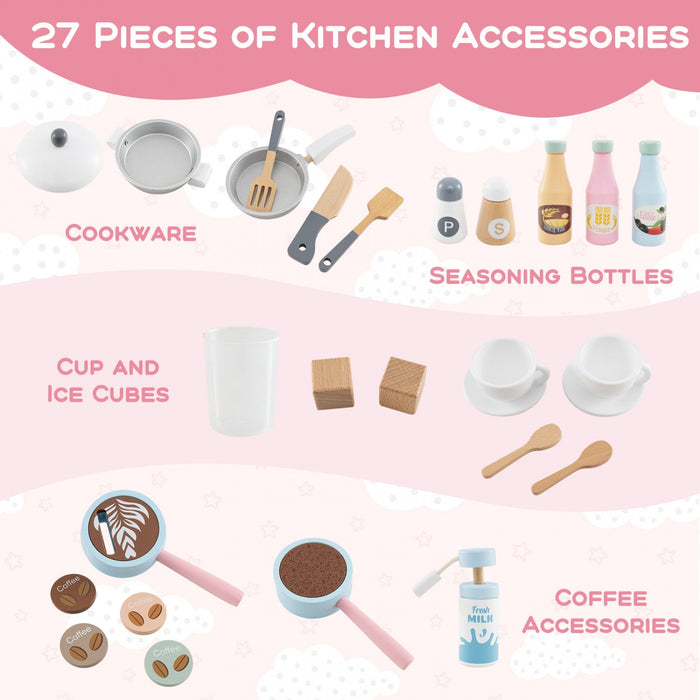 Honeyjoy Kids Kitchen Set Wooden Kitchen Playset With Clock, Microwave, Sink, Dish Rack Pink