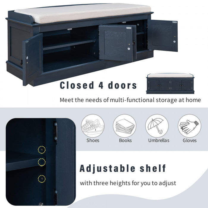 Daniel Solid Wood Storage Bench With 4-door Shoe Cabinet With Adjustable Shelves - Antique Navy 