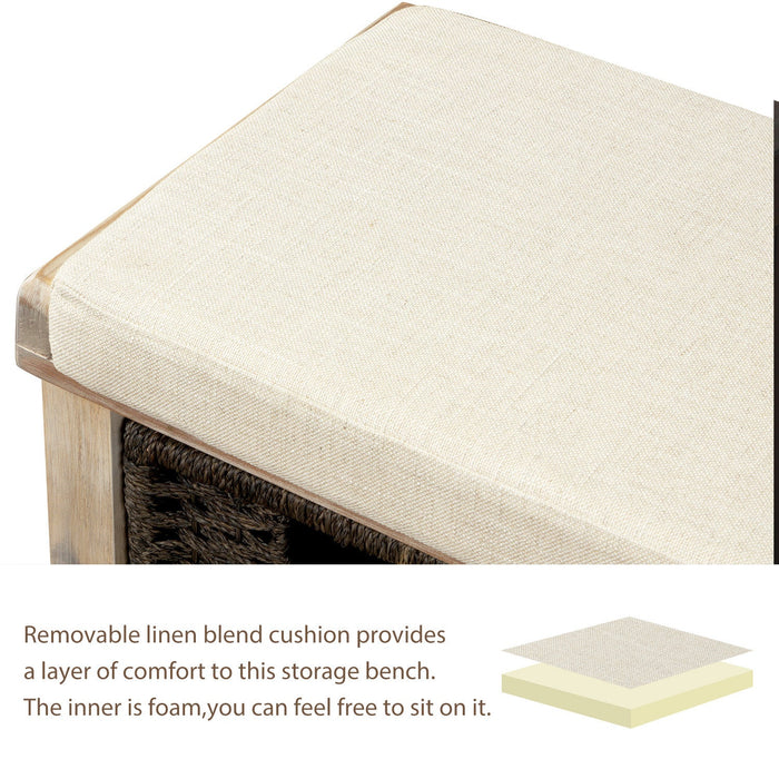 Leif Solid Wood And Rattan Baskets Storage Bench With Cushioned Seat - White 
