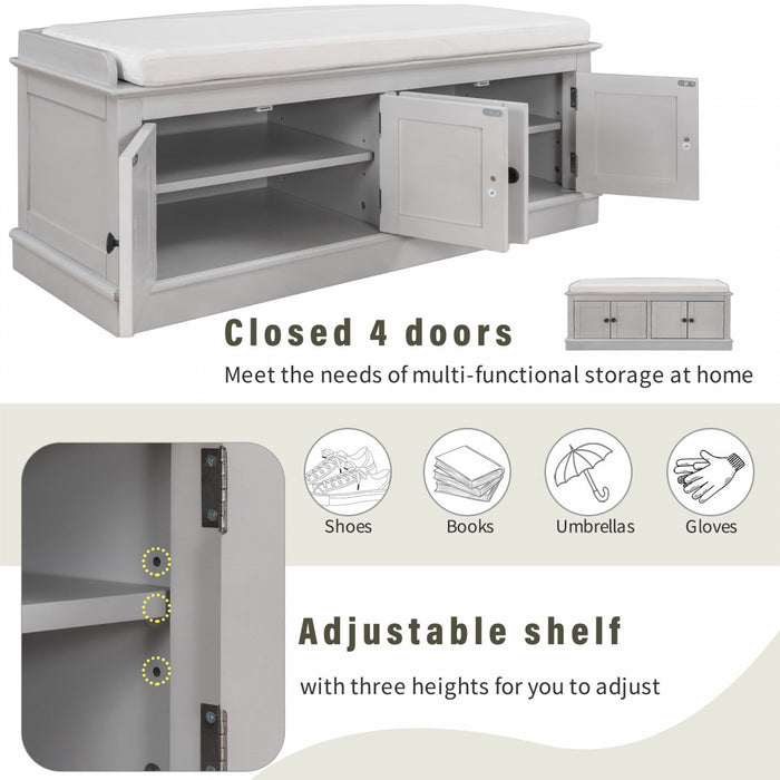 Daniel Solid Wood Storage Bench With 4-door Shoe Cabinet With Adjustable Shelves - Grey Wash 