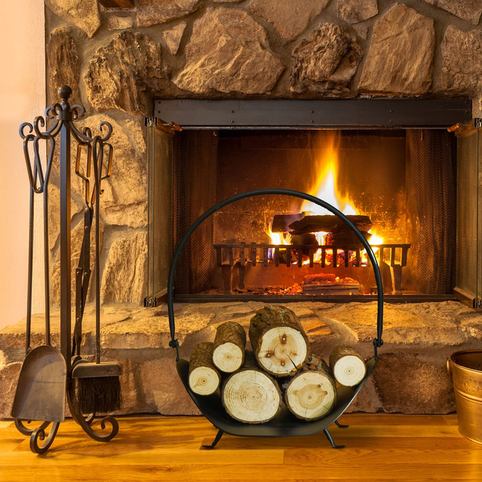 Outsunny 16\" Firewood Log Rack Curved Fireplace Log Holder Wood Storage Basket Carrier With Handle, 