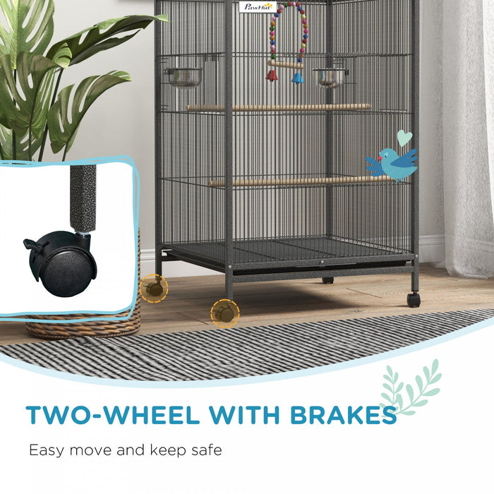 Pawhut 29\" Bird Cage With Rolling Stand For Parrots, Love Birds, And Finches, Large Bird Cage With C