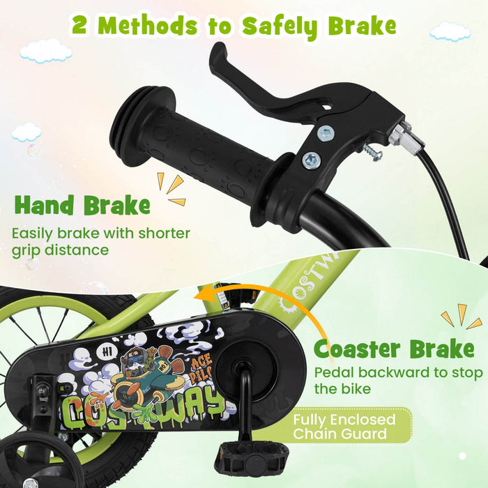 Costway 12" Kid's Bike For 3-4 With Height-adjustable Handlebar & Saddle Handbrake Green