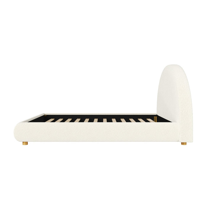 Harold Platform Bed with Boucle Upholstered Round Curved Headboard and Low-Profile Frame,Queen Size,White Queen Bed  