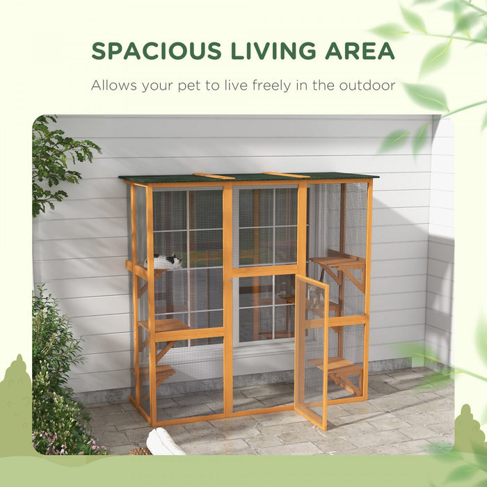 Pawhut Large Outdoor Catio Enclosure, Weatherproof Cat House With Asphalt Roof, Wooden Cat Patio Cag