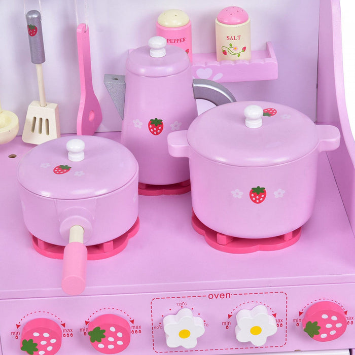 Costway Kids Wooden Play Set Kitchen Toy Strawberry Pretend Cooking Playset Toddler