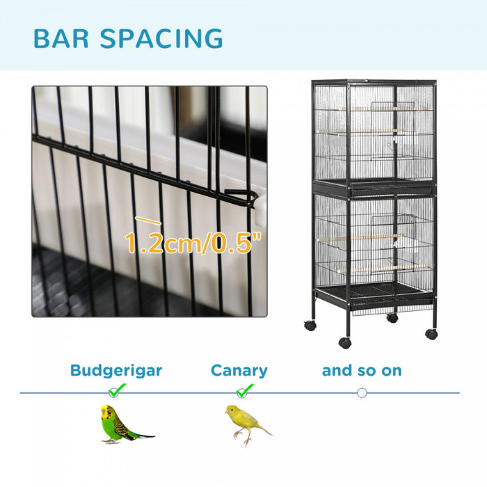 Pawhut 55.1\" 2 In 1 Bird Cage Aviary Parakeet House For Finches, Budgies With Wheels, Slide-out Tray