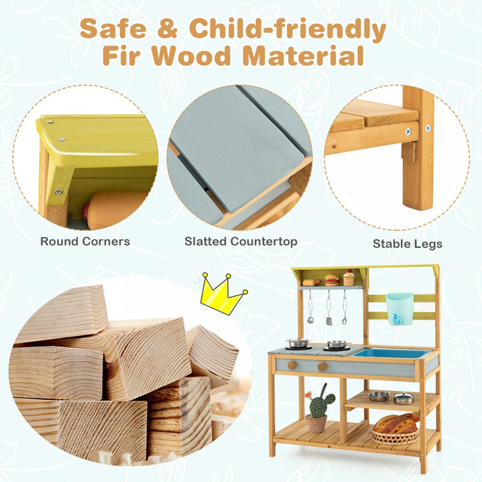 Costway Wooden Play Kitchen Set, Outdoor Kid's Mud Kitchen With Faucet & Water Box