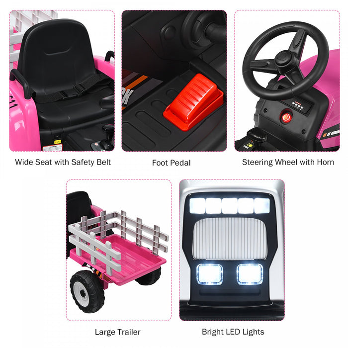 Costway 12v Kids Ride On Tractor With Trailer Ground Loader W/ Rc & Lights Pink