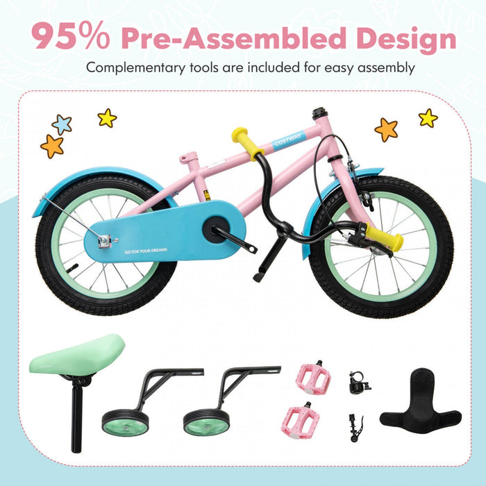 Costway 14" Kids Bike With Adjustable Saddle Handlebar Removable Training Wheels Handbrake Pink