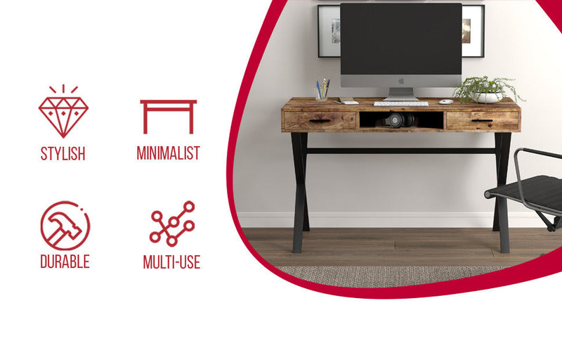 47” Computer Desk With 2 Drawers And 1 Shelf - Brown Reclaimed Wood With Black Metal 